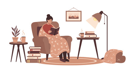 Cozy reading corner with woman relaxing in armchair surrounded by books and warm decor