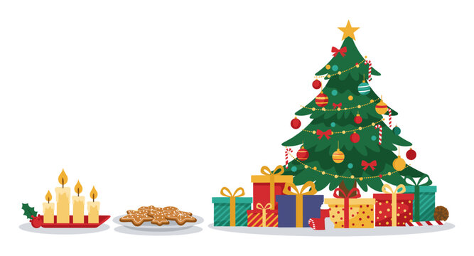 Festive christmas tree with gifts, candles, and gingerbread cookies