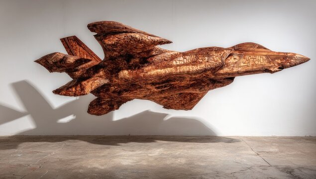 Wooden fighter jet sculpture, airborne