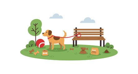Cute dog at park with leash, ball, and bench in colorful flat design