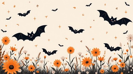 Halloween background with bats flying over a field of orange flowers
