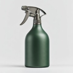Obraz premium Dark green matte spray bottle with a dark gray metal trigger and nozzle, standing upright against a light gray background