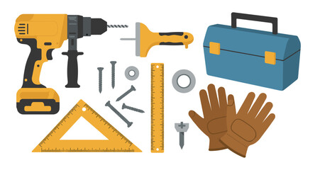 Colorful flat design toolkit with power drill, tools, and accessories for diy projects