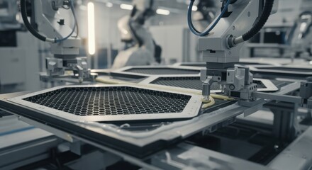 Honeycomb core aerospace panels secured in robotic clamps during automated adhesive bonding to ensure structural integrity.