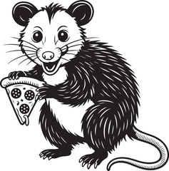 Whimsical Opossum Enjoying Pizza Slice Black and White Vector