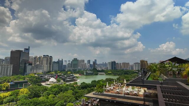 Time-lapse photography, Minge Lake and high-rise cityscape in Nanning, Guangxi, China