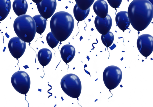 Blue balloons and confetti floating in the air isolated on transparent background