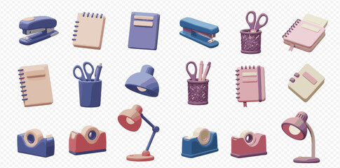 A colorful collection of cartoon office stationery, including staplers, notebooks, scissors, desk lamps, and tape dispensers.