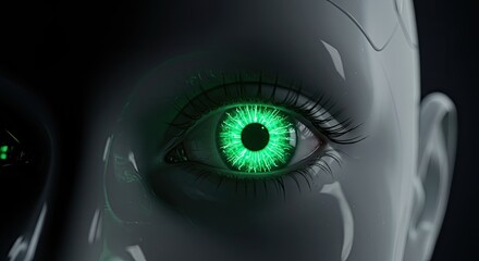 Futuristic Cybernetic Eye with Glowing Green Iris and Intricate Circuitry Detail