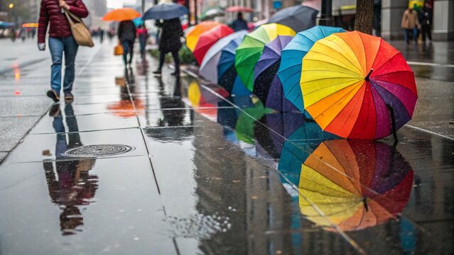 Colorful Umbrellas Reflecting in a Rainy City Street 