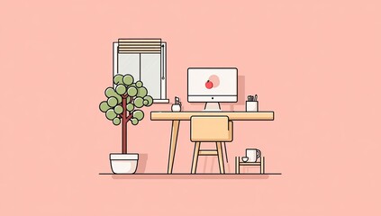 Minimalist home office scene.  Simple, stylized desk with computer, plant, and window
