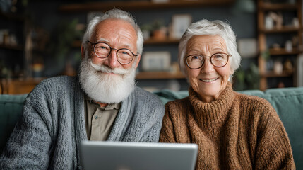 An elderly couple using a digital tablet and relaxing together in their comfortable living room, joyfully embracing technology and each other in their later years.