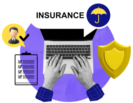 Hands on laptop keyboard with insurance-related icons like checklist, shield, and umbrella, isolated graphic style on white background, concept of digital insurance