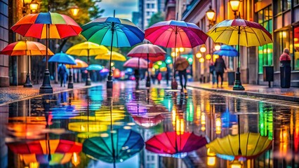 Colorful Umbrellas Reflecting in a Rainy City Street 