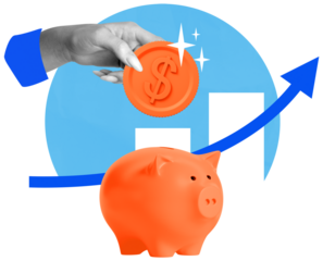 Orange piggy bank and hand holding coin with dollar sign isolated on white, abstract blue chart background, concept of saving money and investment growth