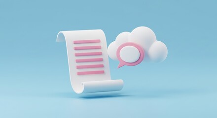 A 3D rendered image of a scroll and a cloud with a speech bubble, representing digital communication.