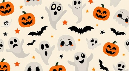 Halloween pattern with cute ghosts, pumpkins and bats for festive design