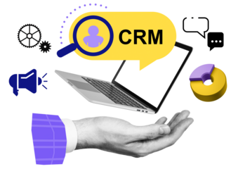 CRM concept with laptop, gears, speech bubbles, pie chart, and hand in modern graphic style, isolated on white background, representing customer management