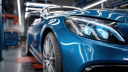 Fototapeta premium Blue Luxury Car Front View at Automotive Service Center, Maintenance and Inspection Ready