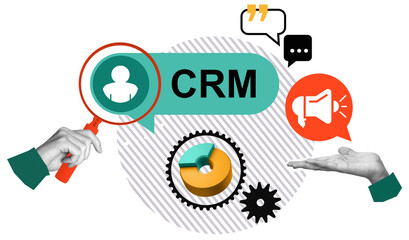 CRM concept illustration with user icon, gears, communication bubbles, and hands in collage style on white background, representing customer management