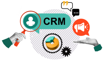 CRM concept illustration with user icon, gears, communication bubbles, and hands in collage style on white background, representing customer management