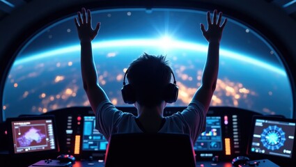 Person in spaceship cockpit with arms raised looking at earth