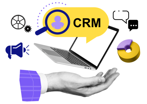 CRM concept with laptop, gears, speech bubbles, pie chart, and hand in modern graphic style, isolated on white background, representing customer management
