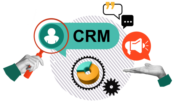 CRM concept illustration with user icon, gears, communication bubbles, and hands in collage style on white background, representing customer management