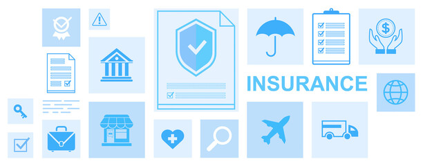 Insurance-related icons including shield, contract, umbrella, briefcase, and healthcare symbols in flat blue style on white background representing security concept