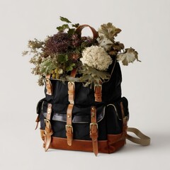 Black canvas backpack with dried flowers