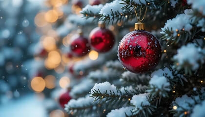 Festive Christmas Tree Ornaments Covered in Snow