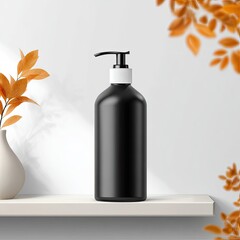 Matte black pump bottle on white shelf, autumnal leaves