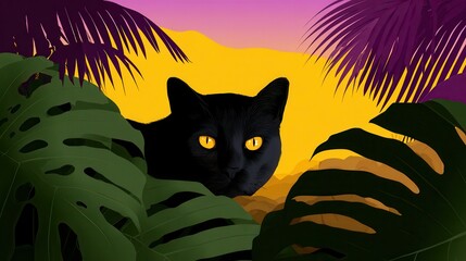 Black cat surrounded tropical leaves at sunset
