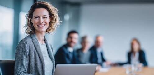 Confident businesswoman smiles during a meeting with colleagues in a modern office setting