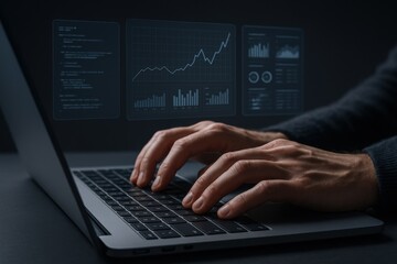 Data Analyst Working on Laptop: Analyzing Business Growth and Financial Data Visualization