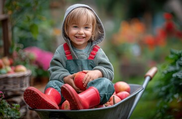 Happy Toddler in Wheelbarrow with Apples, Celebrating Autumn Harvest and Childhood Joy