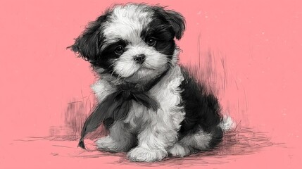 Black and white furry puppy on pink background with clipart element for dog themed projects