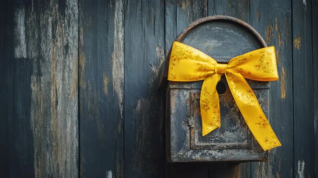 Rustic metal mailbox with bright yellow ribbon against weathered wooden wall