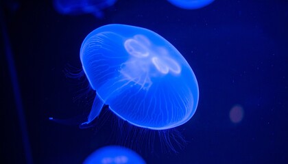 Glowing blue jellyfish swimming in dark deep sea underwater