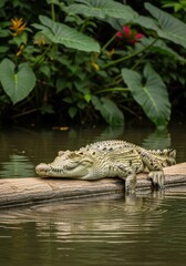Obraz premium American crocodile basking on log, verdant tropical setting