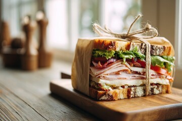 Artisan sourdough sandwich with smoked turkey, lettuce, tomato, and cheese