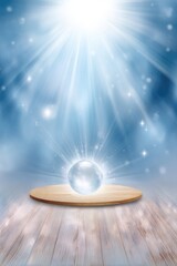 Radiant sphere on a wooden platform, bathed in light