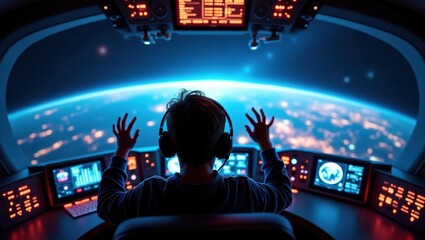 Astronaut in spaceship cockpit looking at earth from orbit