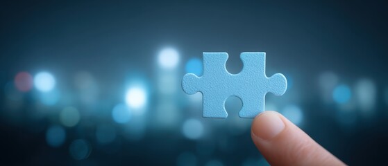A close-up view captures a fingertip delicately holding a single piece of a puzzle, highlighting themes of problem-solving, decision-making, and the essential connection of individuals.