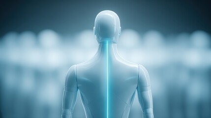 Obraz premium A luminescent spinal column and human physique, against a blurred group of others in soft blue hues. Explore the essence of well-being and physical wellness with an aesthetic blend of science and art.