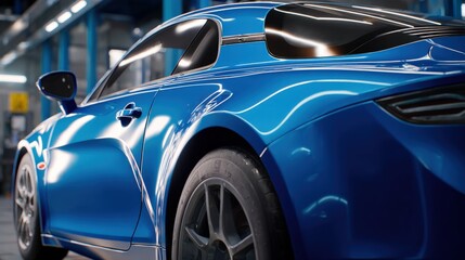 Sleek Blue Sports Car Close-Up in Auto Workshop, Modern Design and Automotive Industry Excellence