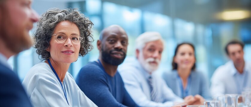 Diverse group of professionals at a board meeting, discussing ideas and strategic planning in a modern office