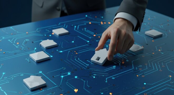 A man’s hand places a small house model onto a blue circuit board with glowing lines and points. Smart home technology.