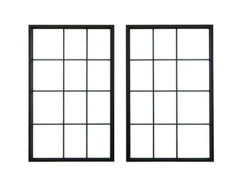Two modern black framed windows with grid pattern isolated on transparent background