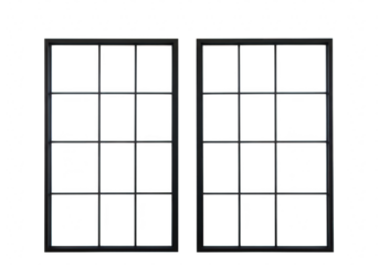 Two modern black framed windows with grid pattern isolated on transparent background